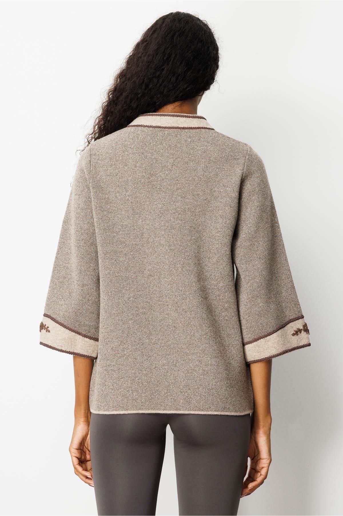 Stand Collar Jacket with Embroidered Sleeves and Collar 