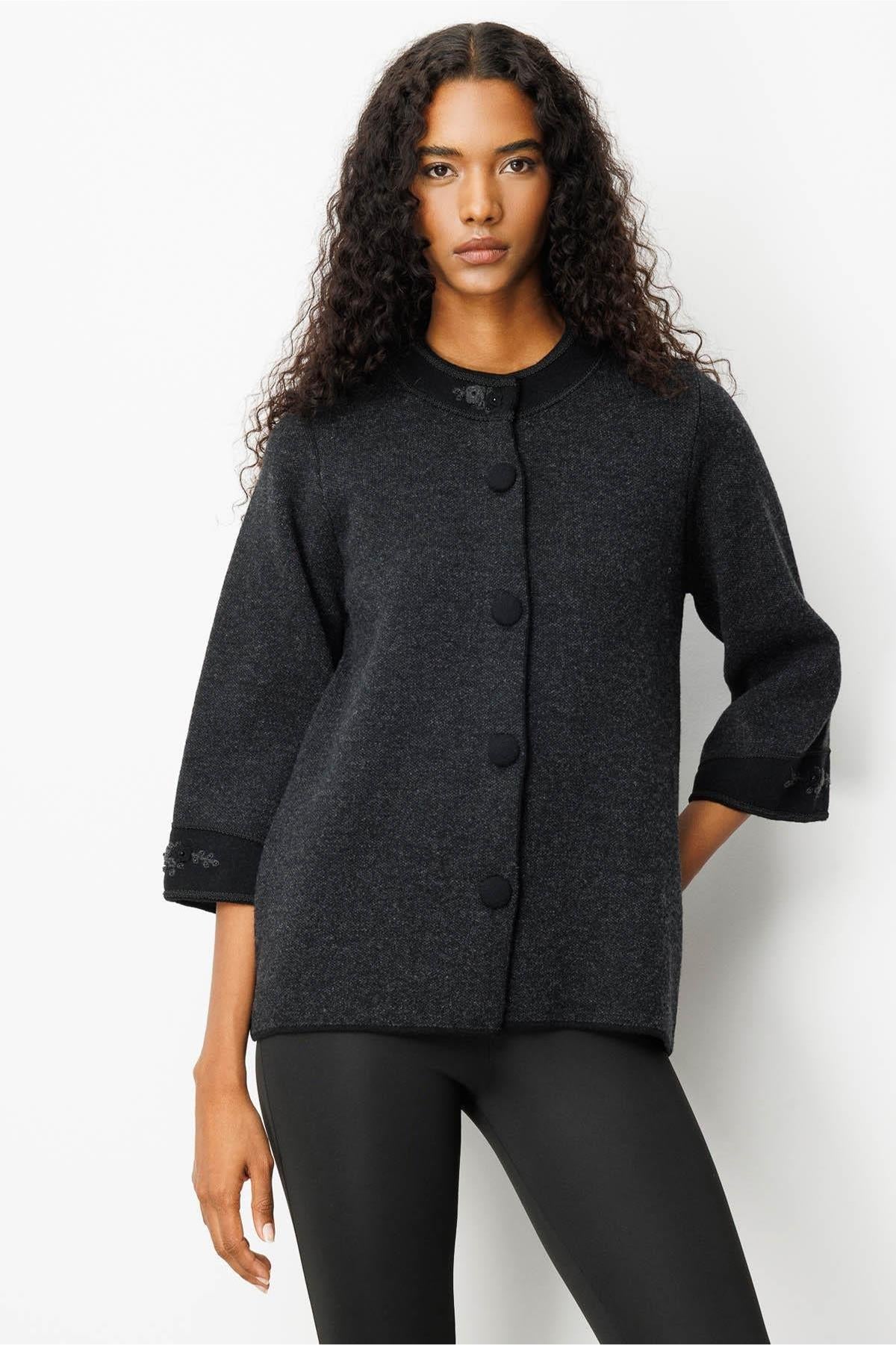 Stand Collar Jacket with Embroidered Sleeves and Collar 