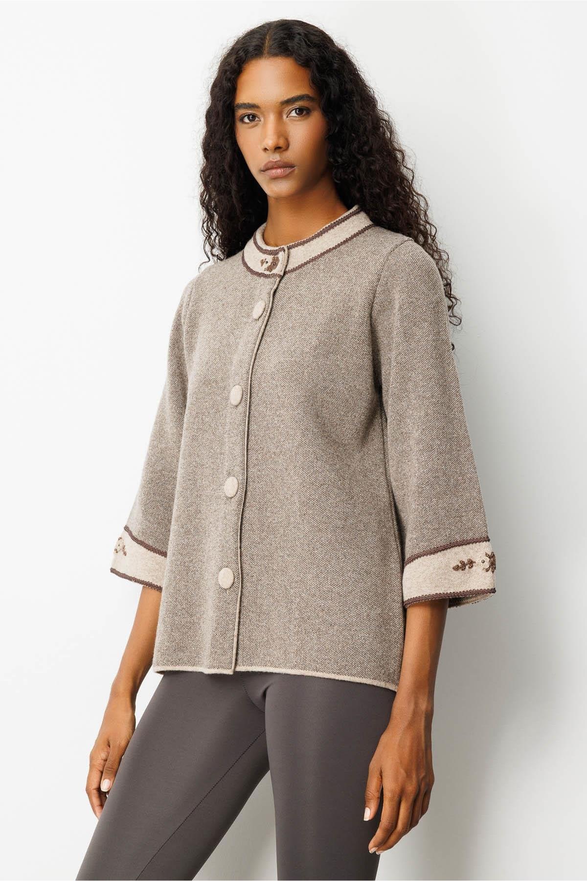 Stand Collar Jacket with Embroidered Sleeves and Collar 