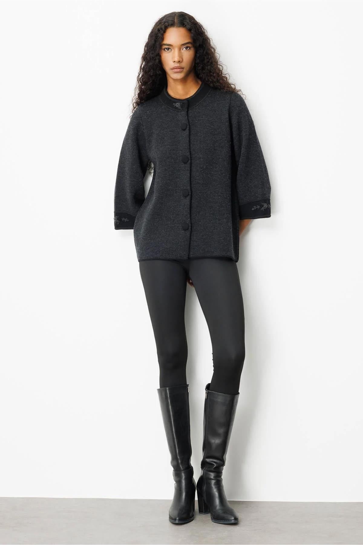 Stand Collar Jacket with Embroidered Sleeves and Collar 
