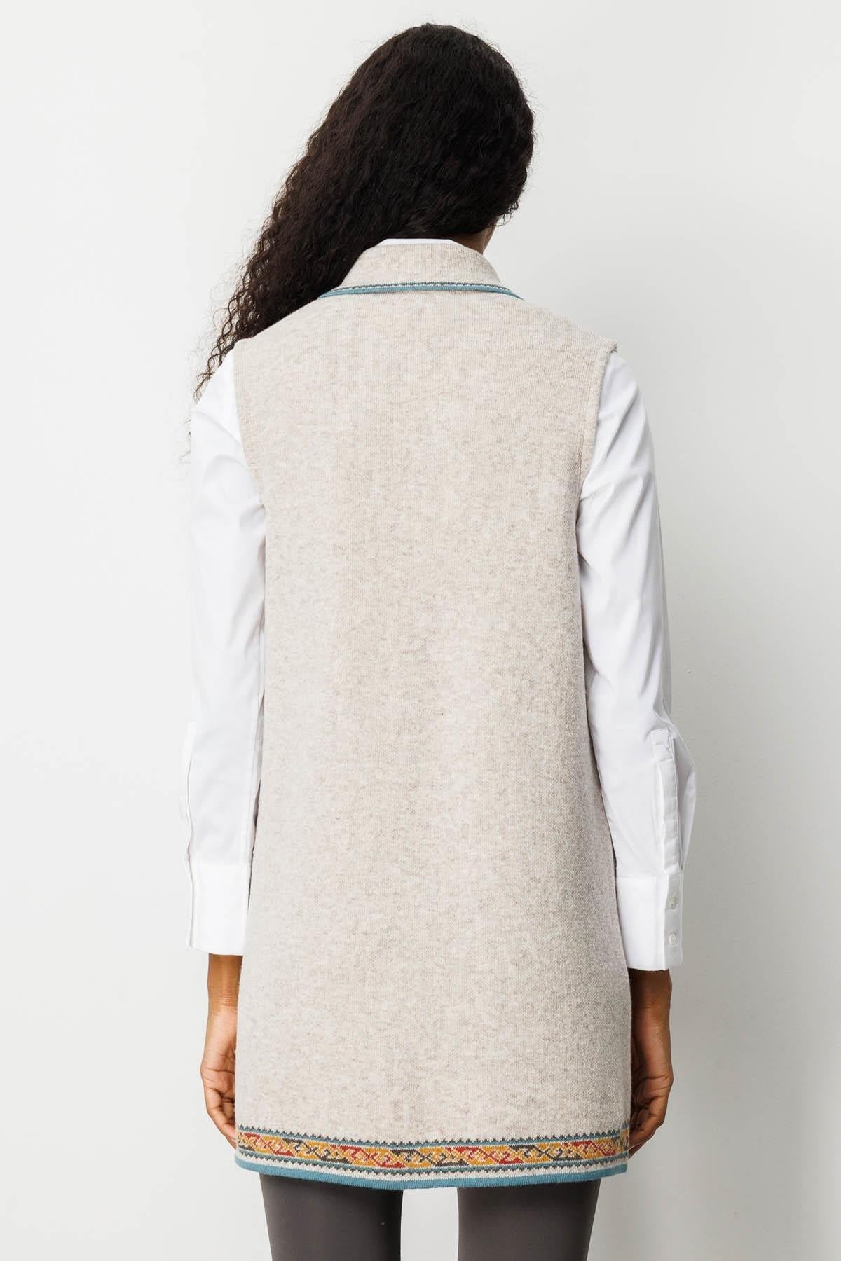 Polo Collar Long Vest with Kilim Pattern on the Hem 