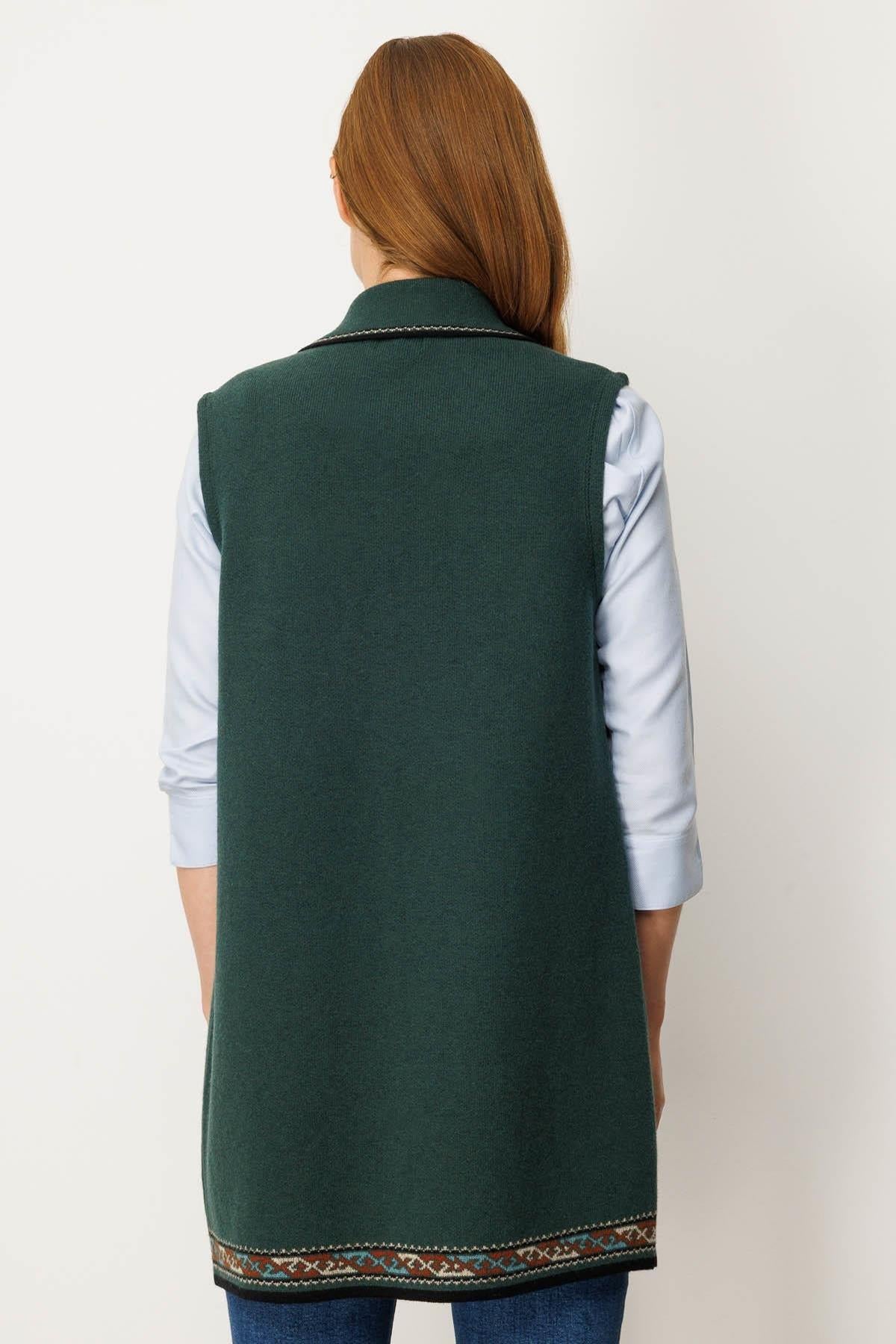 Polo Collar Long Vest with Kilim Pattern on the Hem 