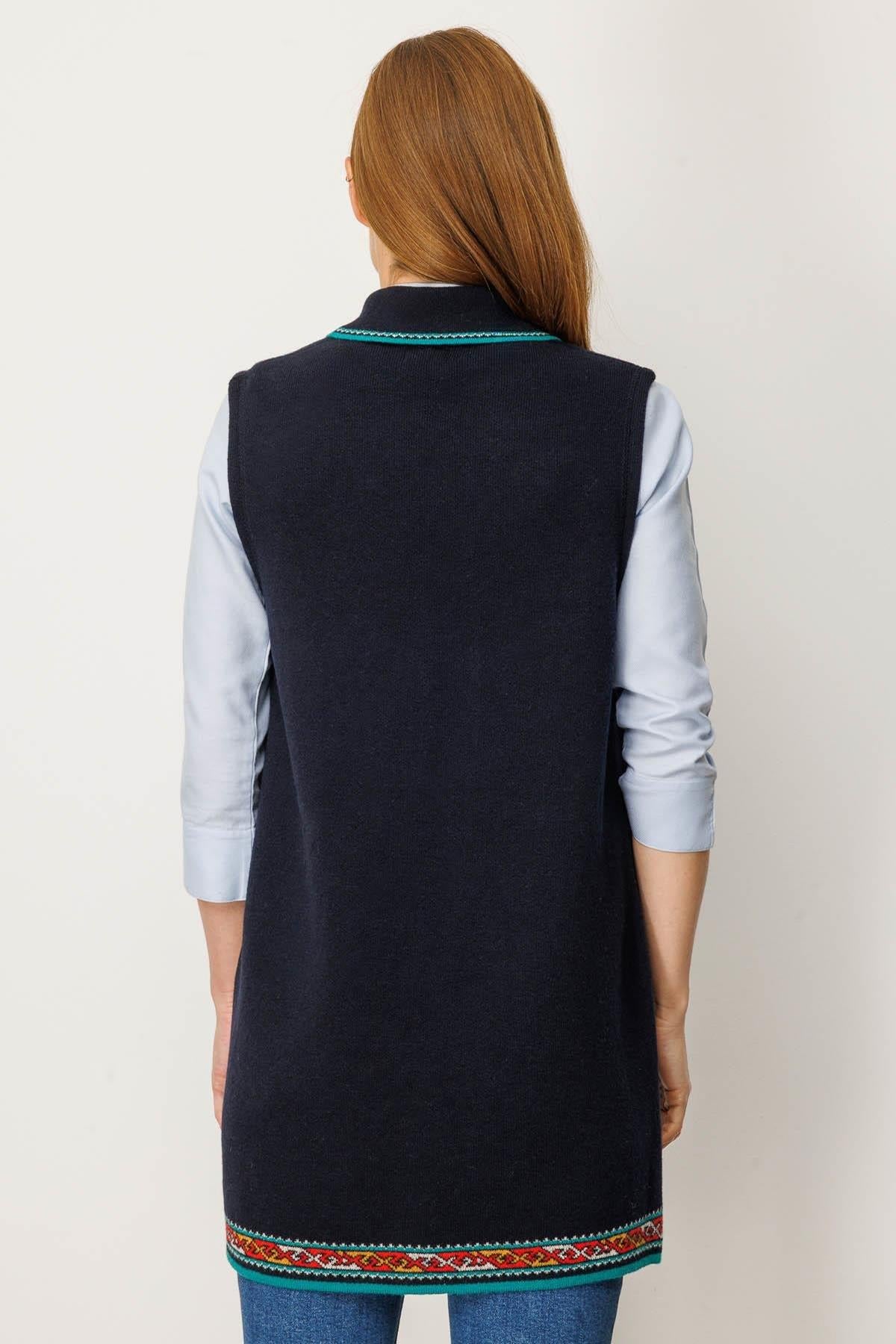 Polo Collar Long Vest with Kilim Pattern on the Hem 