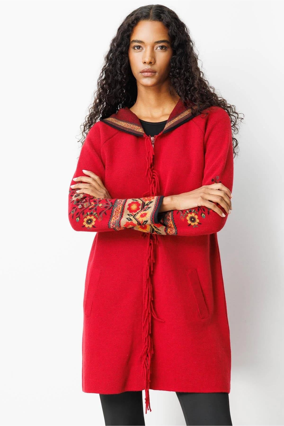 Kapüşonlu Kilim Jakarlı Püsküllü Hırka