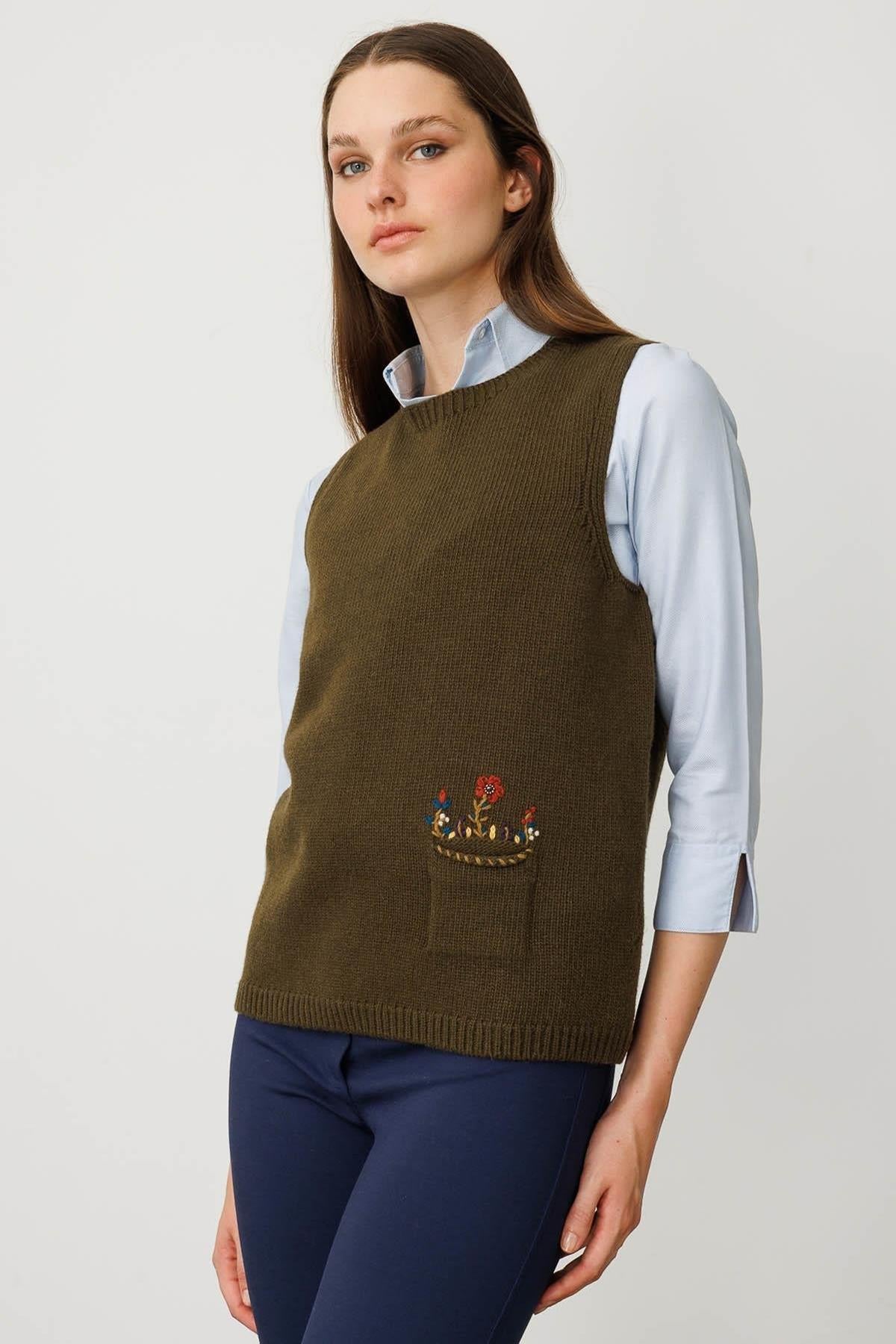 Crew Neck Floral Embroidered Sweater with Pocket 