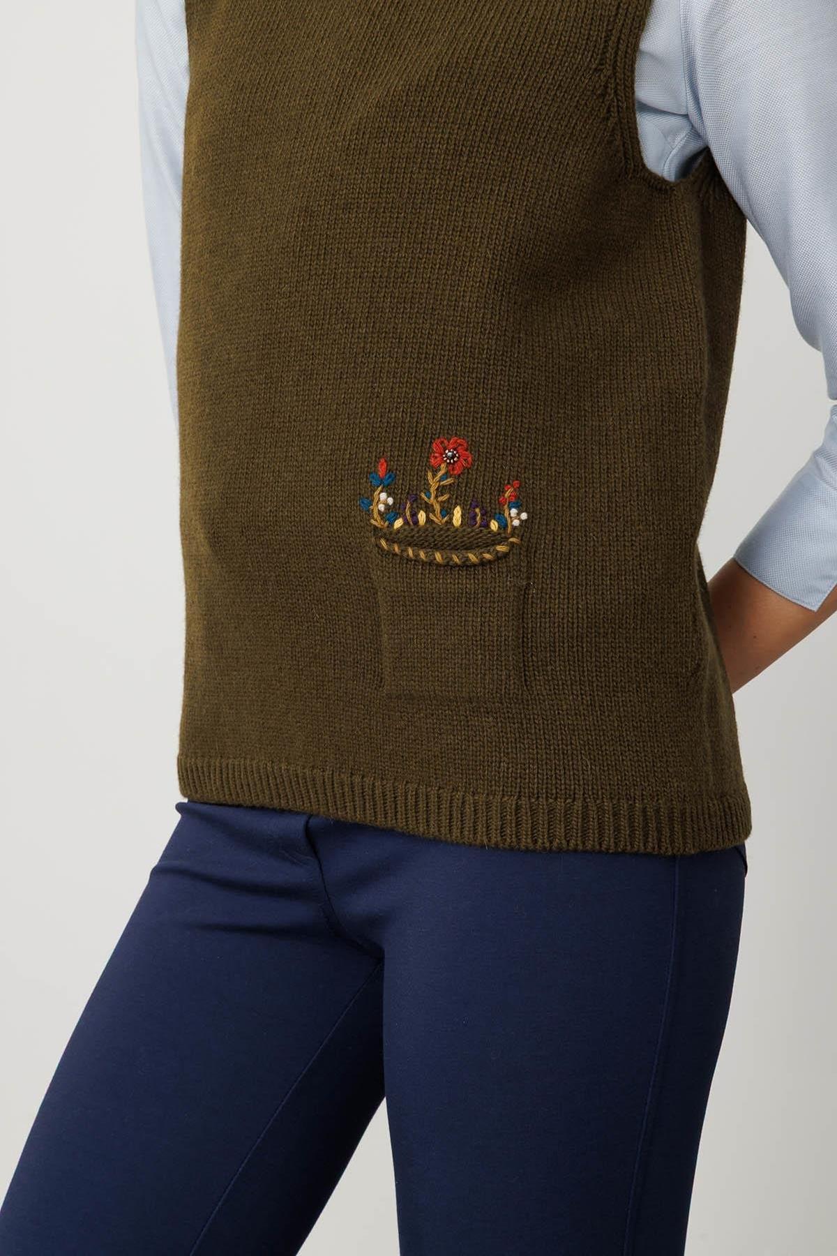 Crew Neck Floral Embroidered Sweater with Pocket 