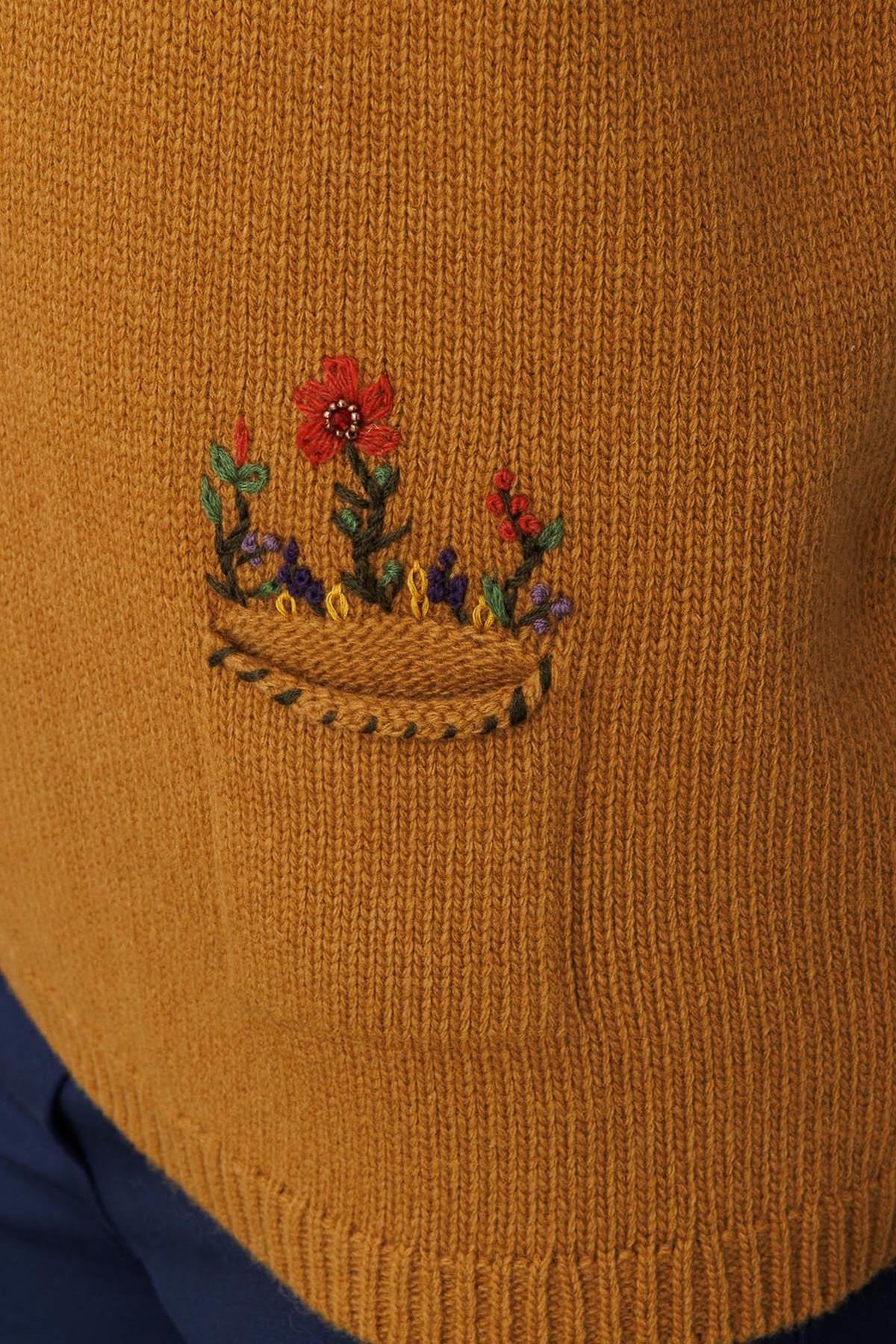 Crew Neck Floral Embroidered Sweater with Pocket 