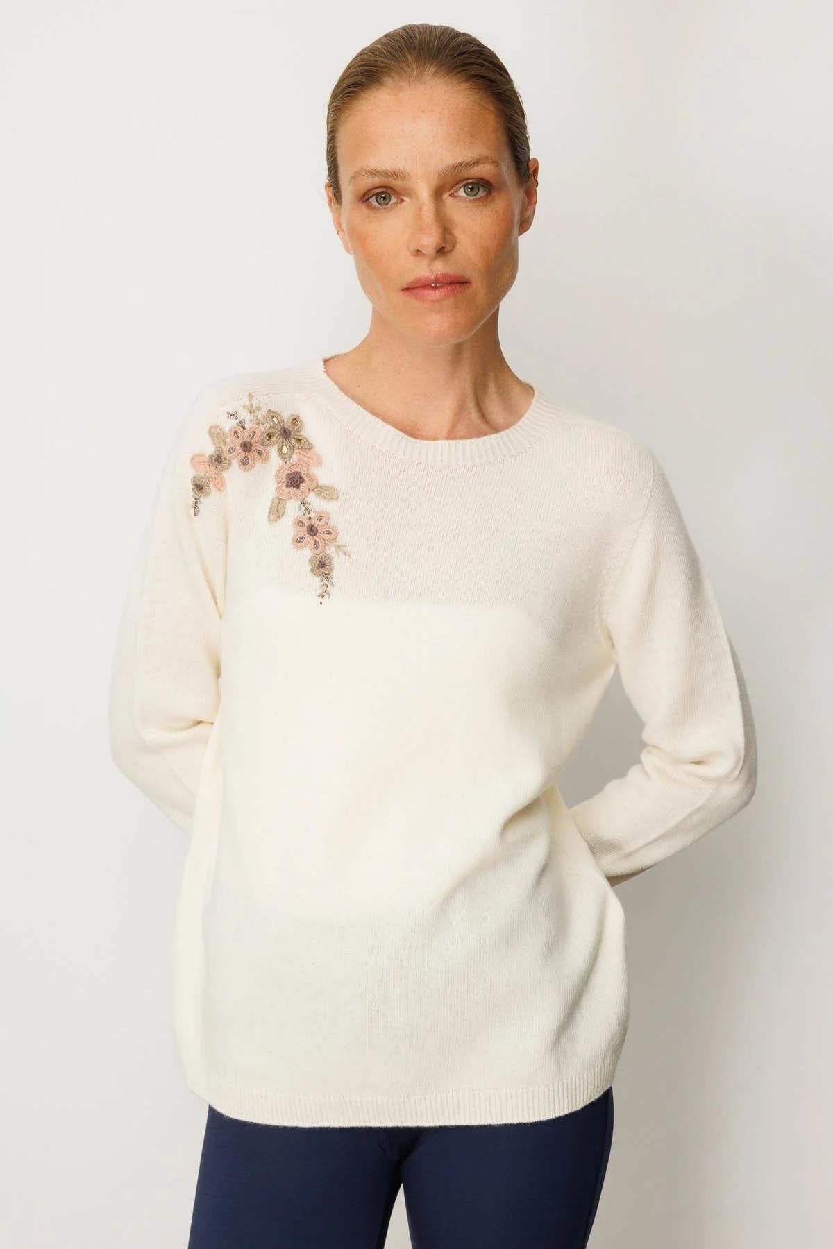Crew Neck Embroidered Shoulder Sweater 