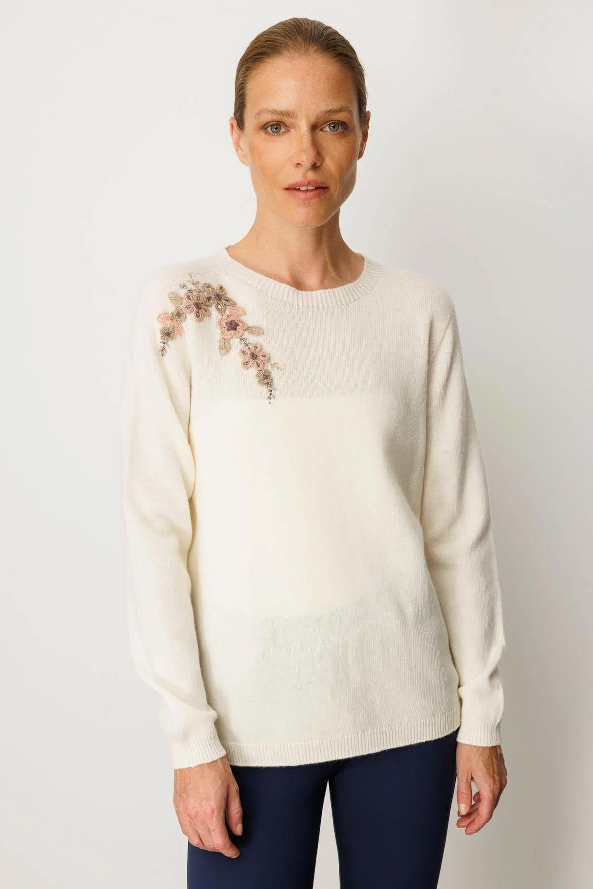 Crew Neck Embroidered Shoulder Sweater 