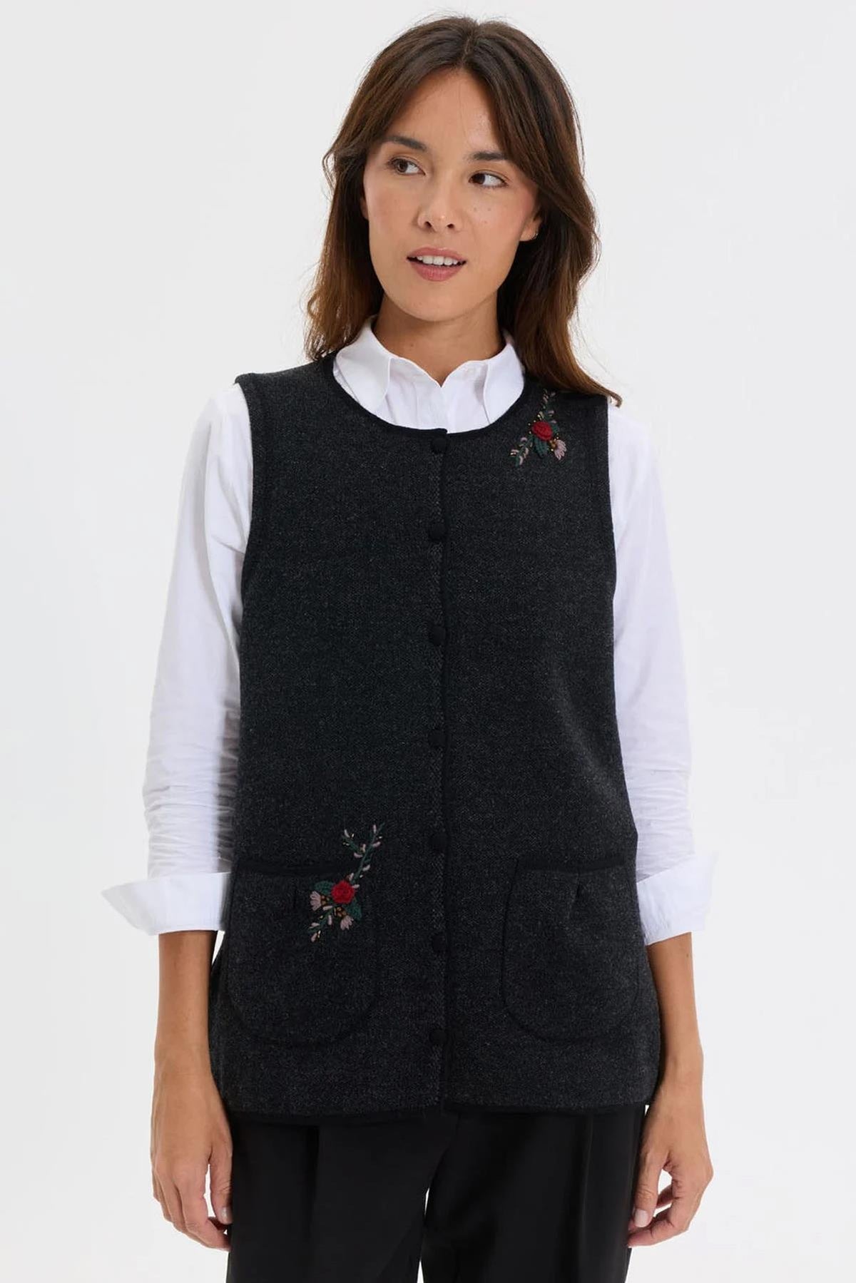 Sıfır Yaka Örme Gül İşlemeli Kısa Yelek