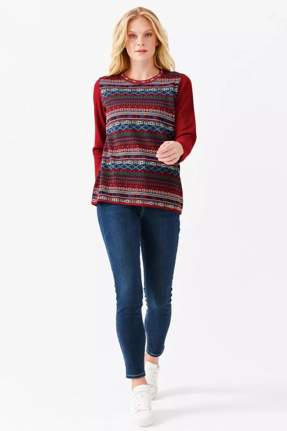 Kilim Desenli Yuvarlak Yaka Triko Bluz