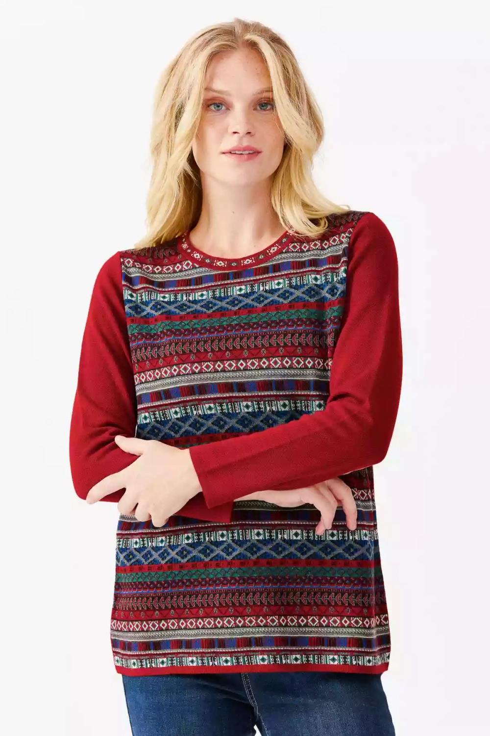 Kilim Desenli Yuvarlak Yaka Triko Bluz