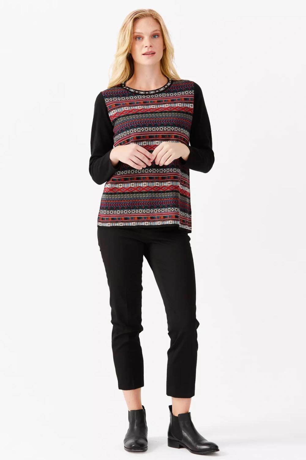 Kilim Desenli Yuvarlak Yaka Triko Bluz