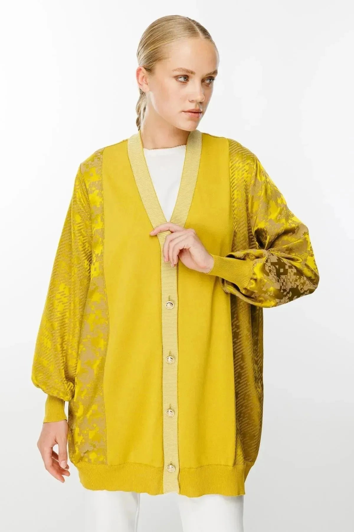 Square Patterned Mid Length Cardigan