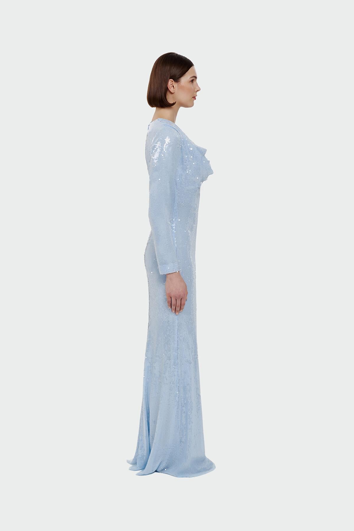 Drape Detailed Sequined Evening Dress