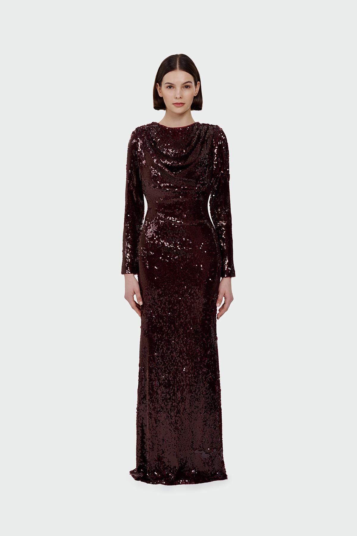 Drape Detailed Sequined Evening Dress