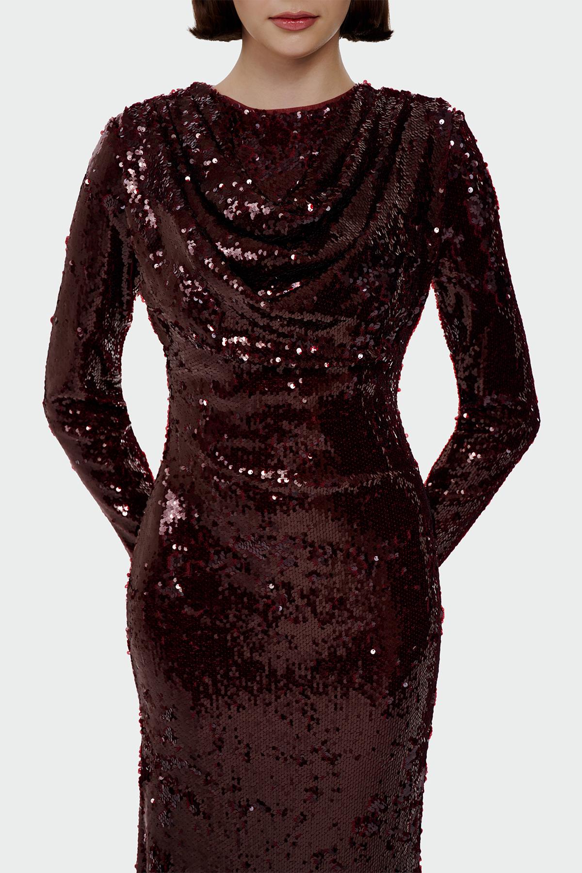 Drape Detailed Sequined Evening Dress