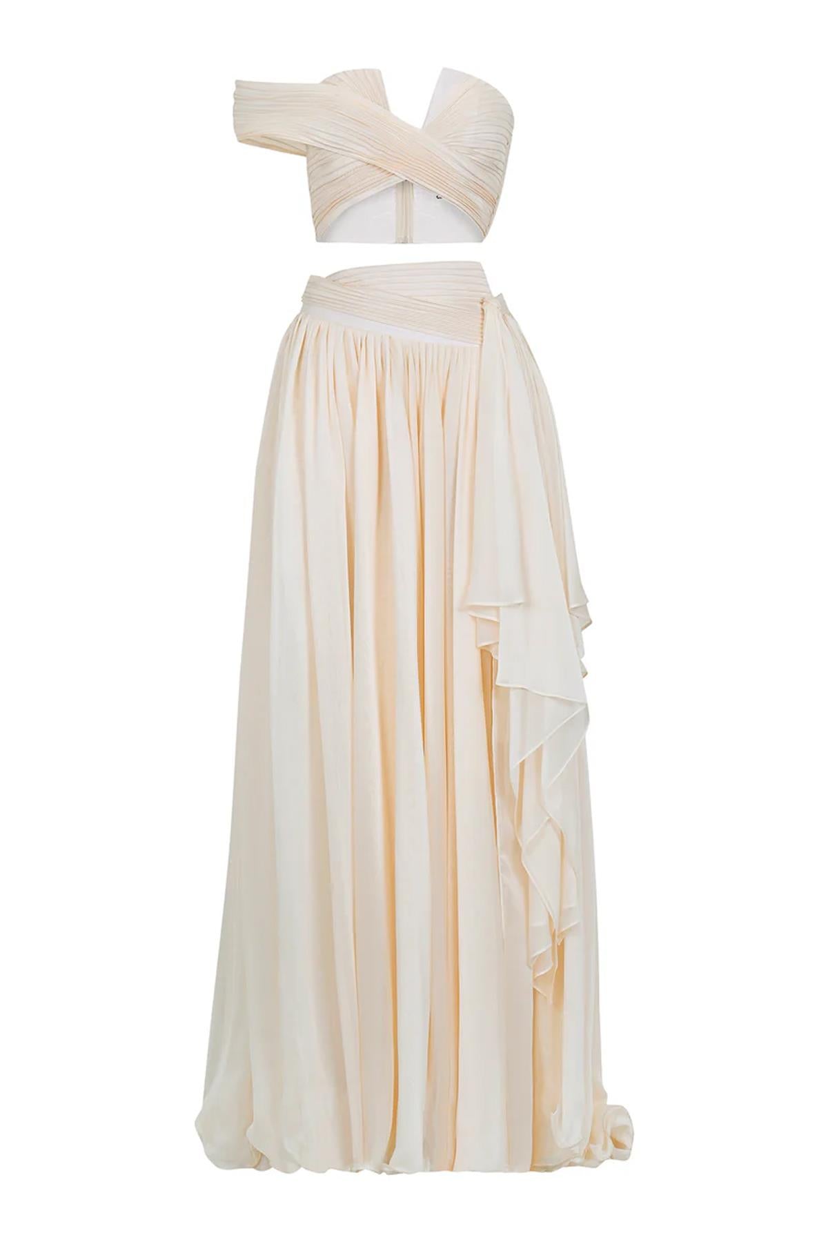 Drapeli Yırtmaç Detaylı Crop Etek Takım