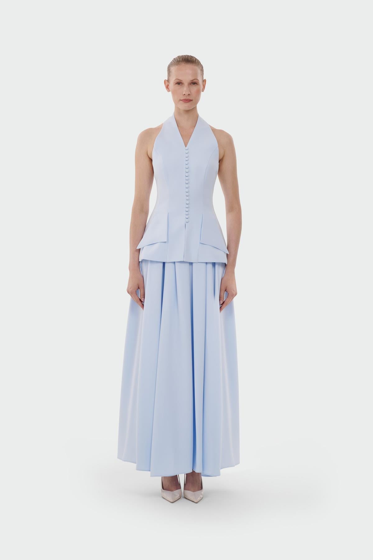 Button-Detailed Top and Flared Skirt Evening Set