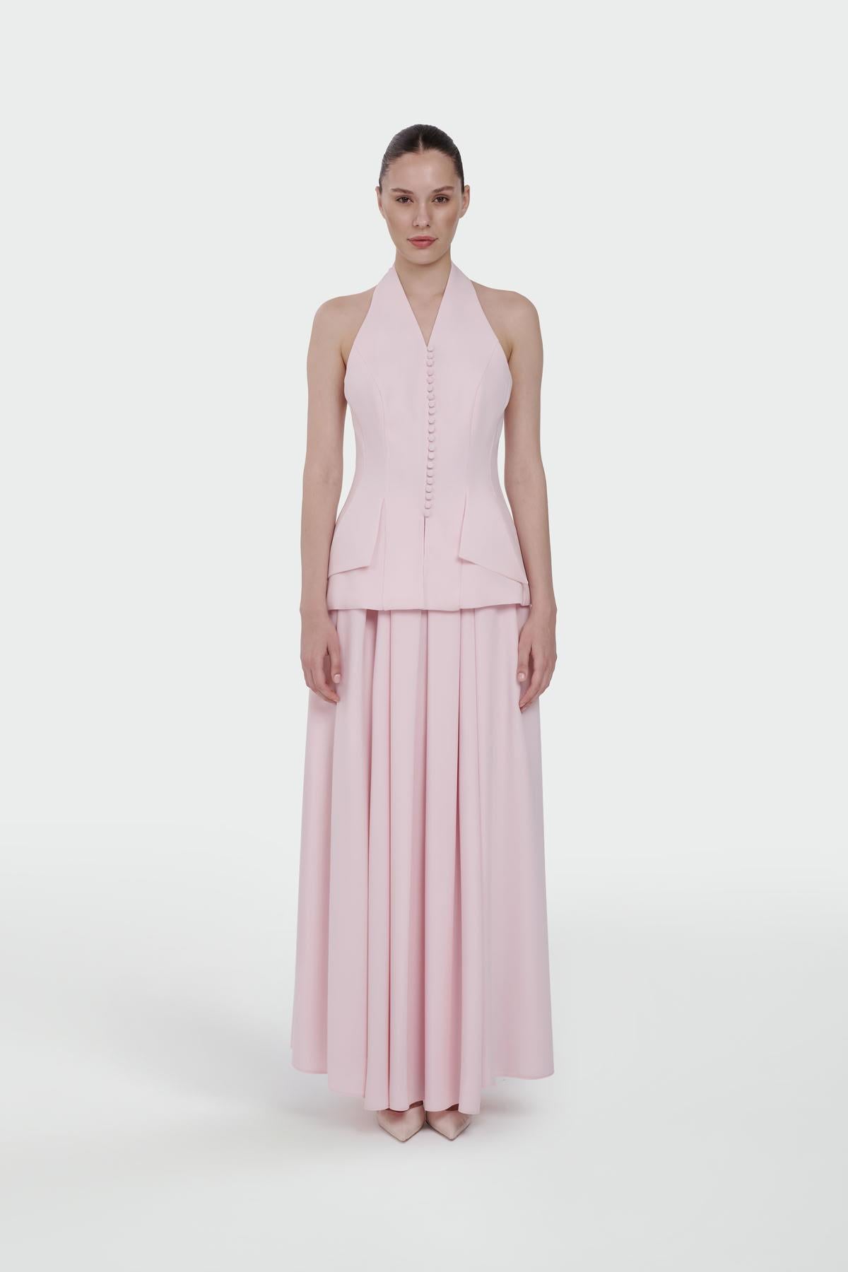 Button-Detailed Top and Flared Skirt Evening Set