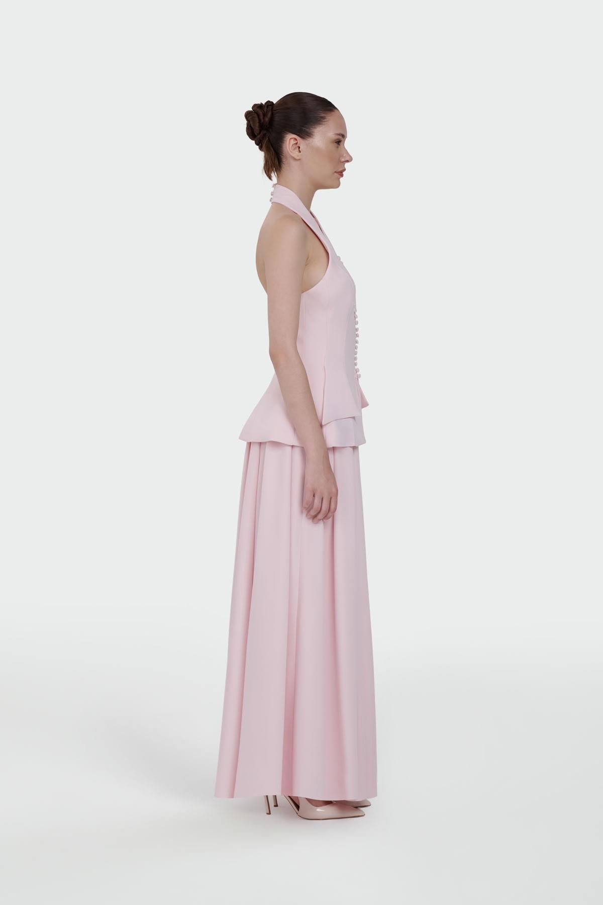 Button-Detailed Top and Flared Skirt Evening Set