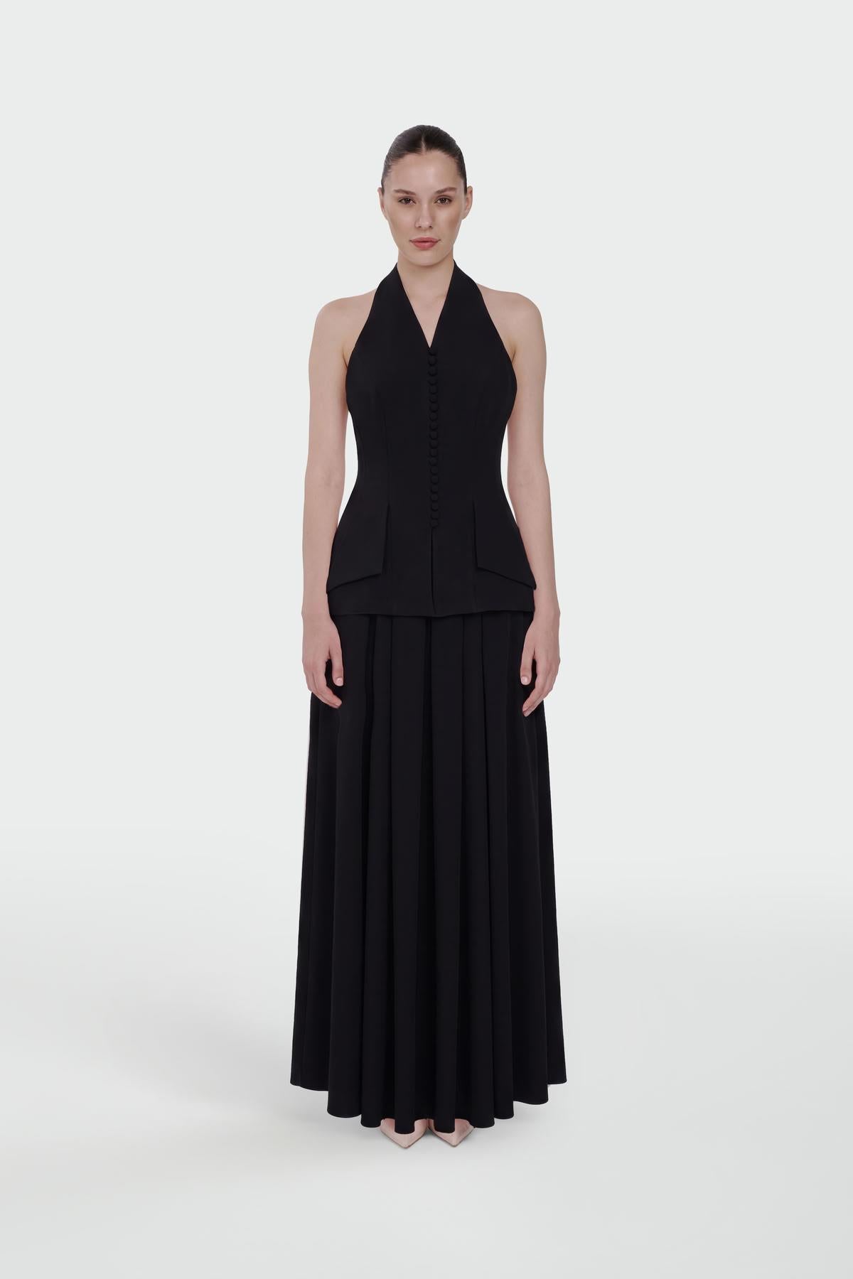 Button-Detailed Top and Flared Skirt Evening Set