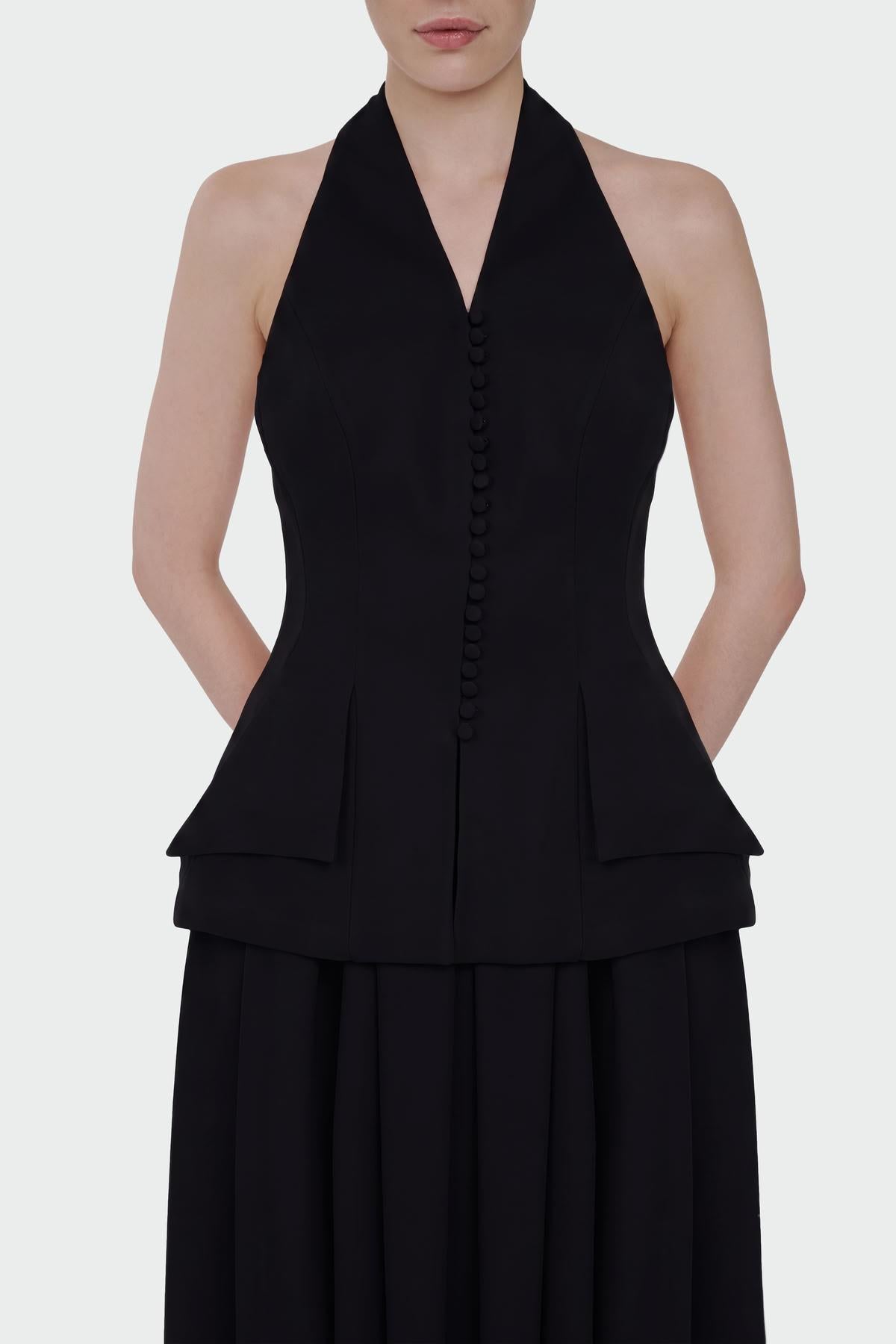 Button-Detailed Top and Flared Skirt Evening Set