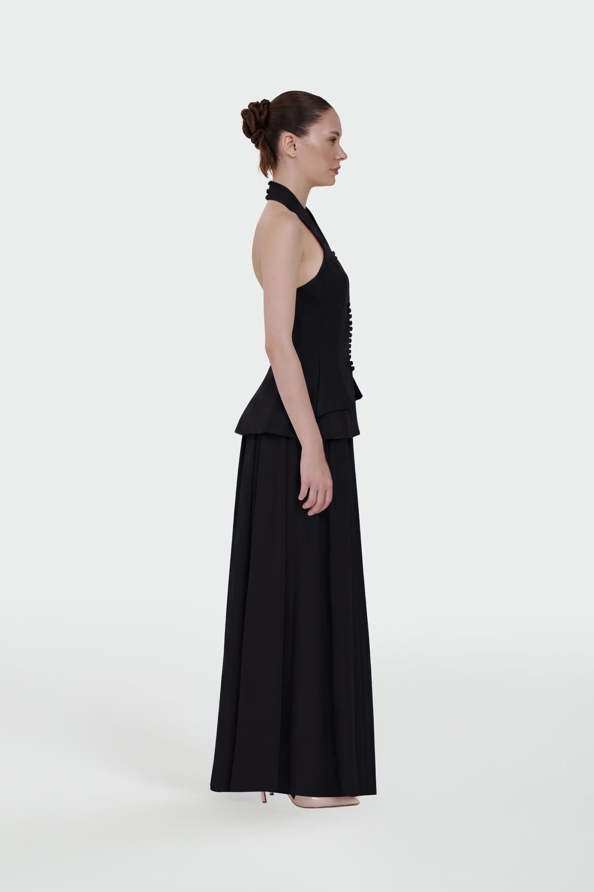 Button-Detailed Top and Flared Skirt Evening Set