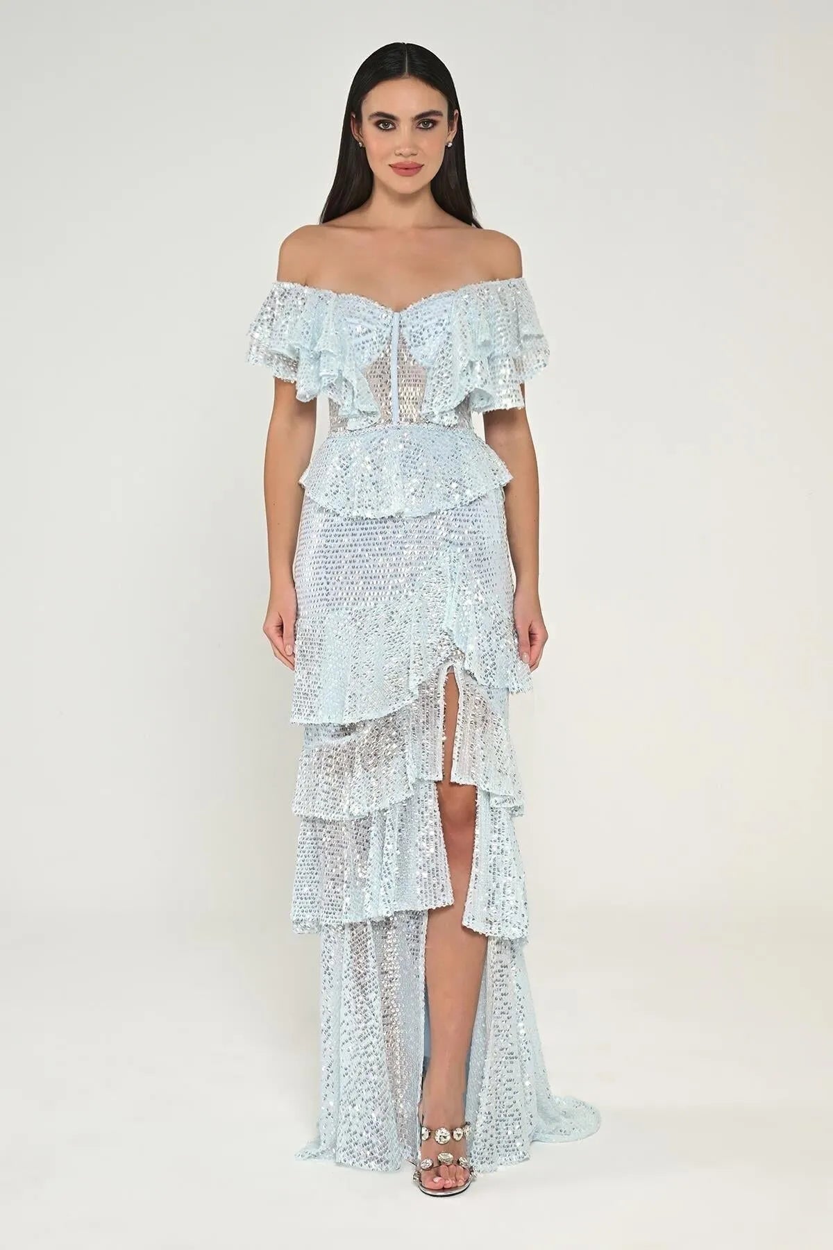 Off Shoulder Sweetheart Neck Ruffle Sequined Long Evening Dress