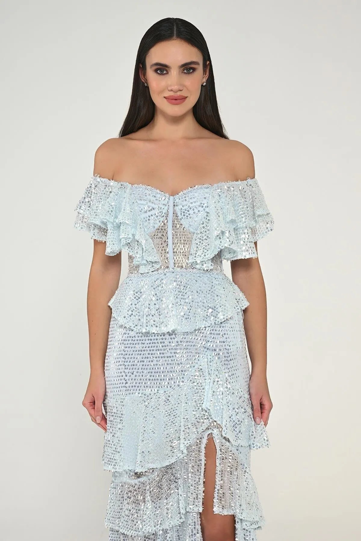 Off Shoulder Sweetheart Neck Ruffle Sequined Long Evening Dress