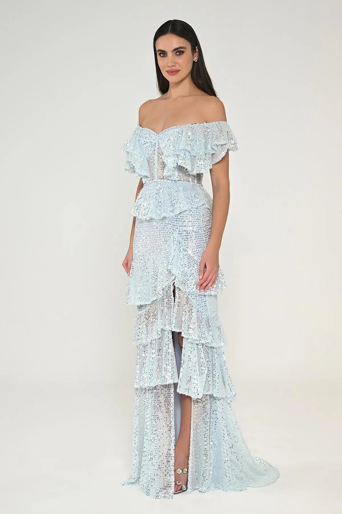 Off Shoulder Sweetheart Neck Ruffle Sequined Long Evening Dress