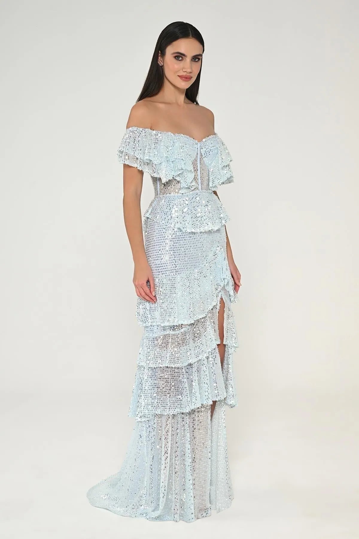 Off Shoulder Sweetheart Neck Ruffle Sequined Long Evening Dress
