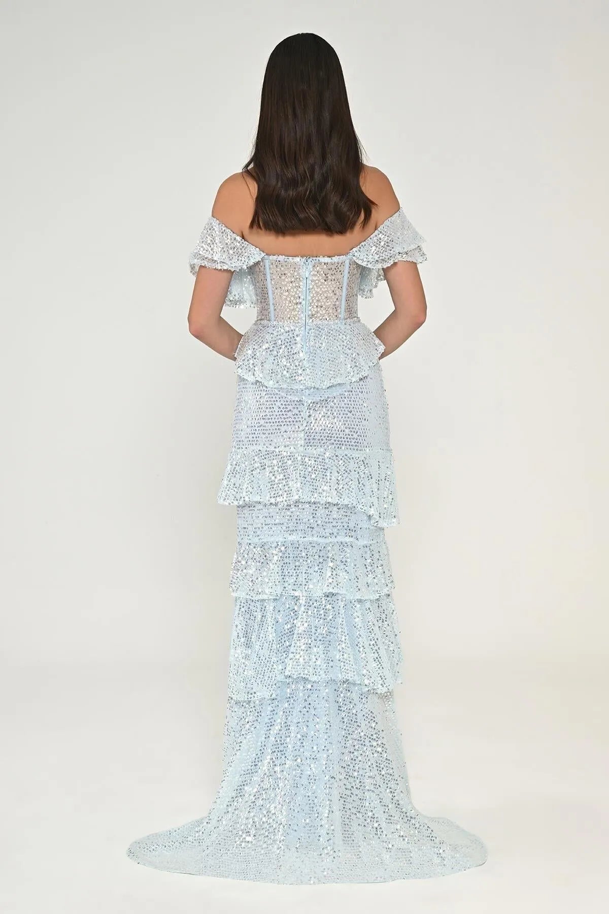 Off Shoulder Sweetheart Neck Ruffle Sequined Long Evening Dress