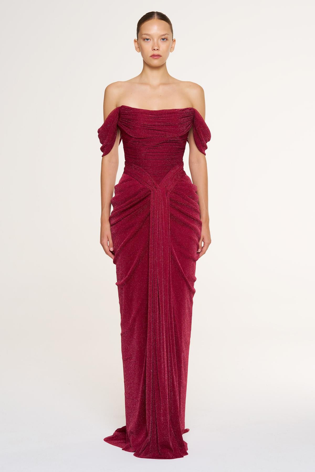 Düşük Omuz Ön Drape Detaylı Abiye Elbise