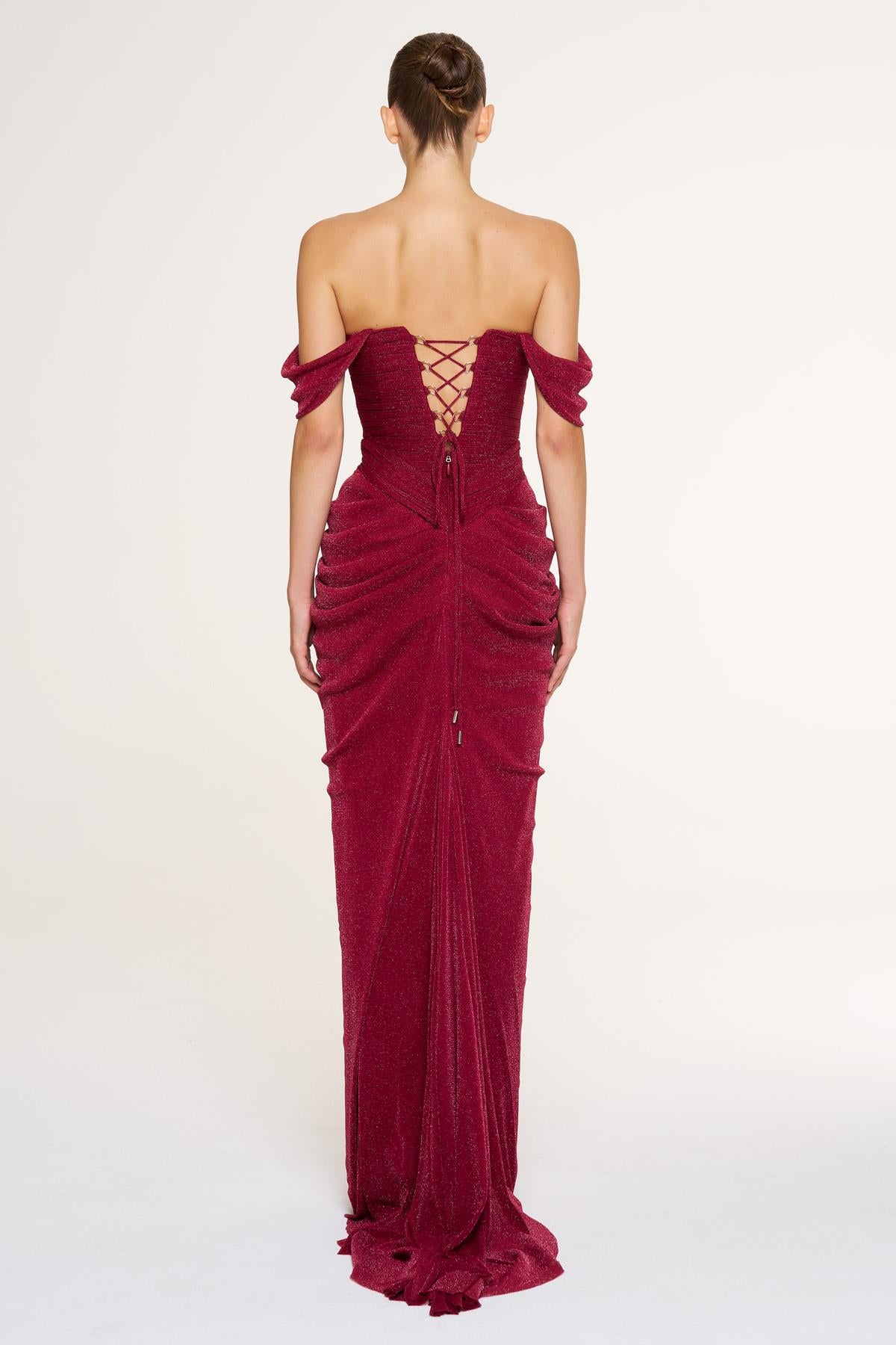 Düşük Omuz Ön Drape Detaylı Abiye Elbise