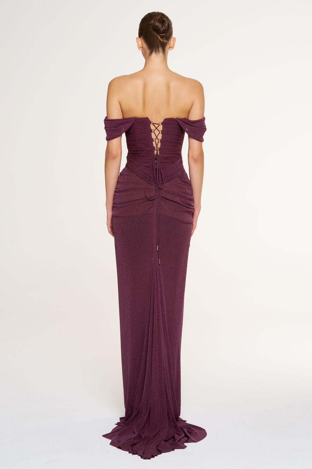 Düşük Omuz Ön Drape Detaylı Abiye Elbise