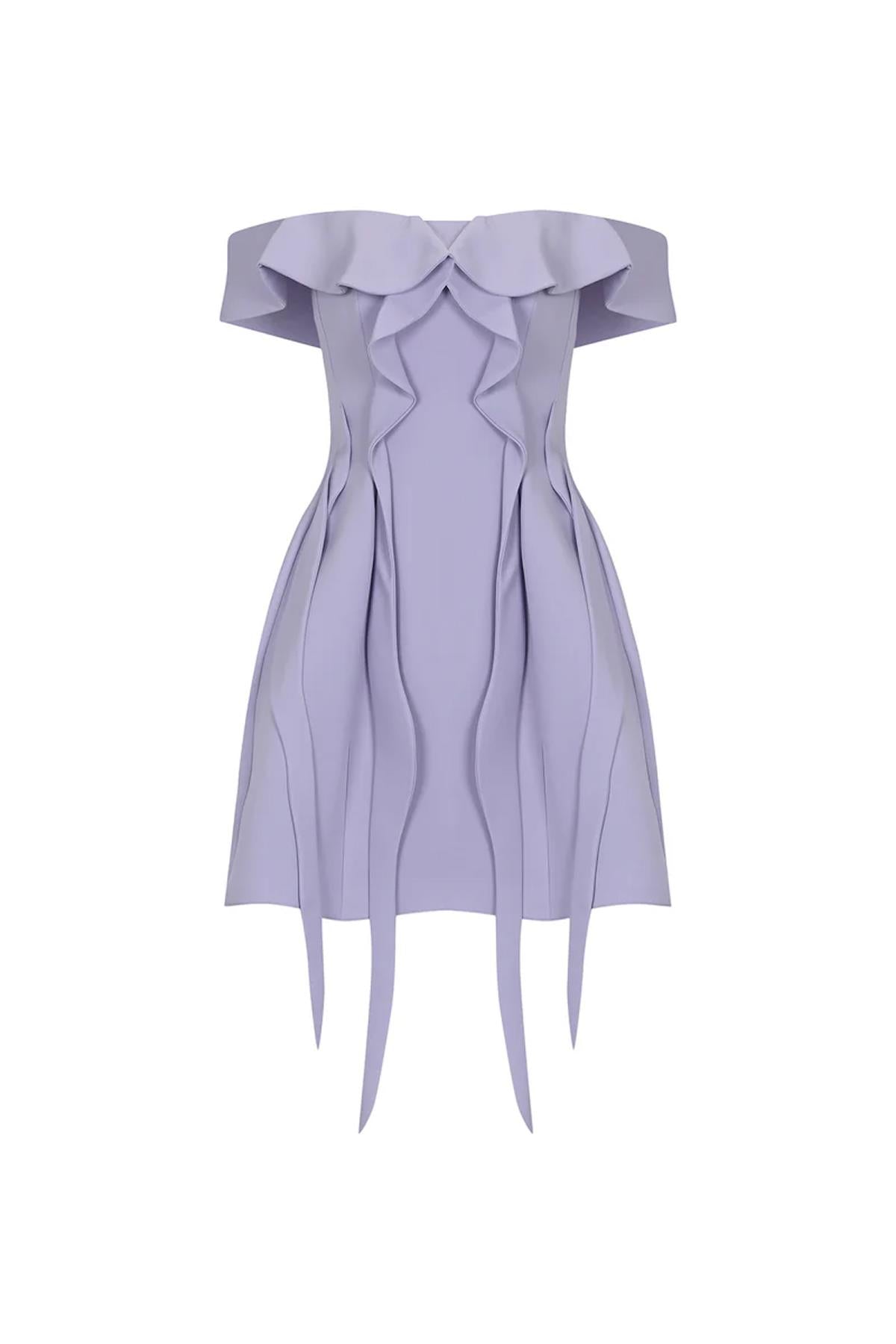 Düşük Omuz Volanlı Mini Abiye Elbise