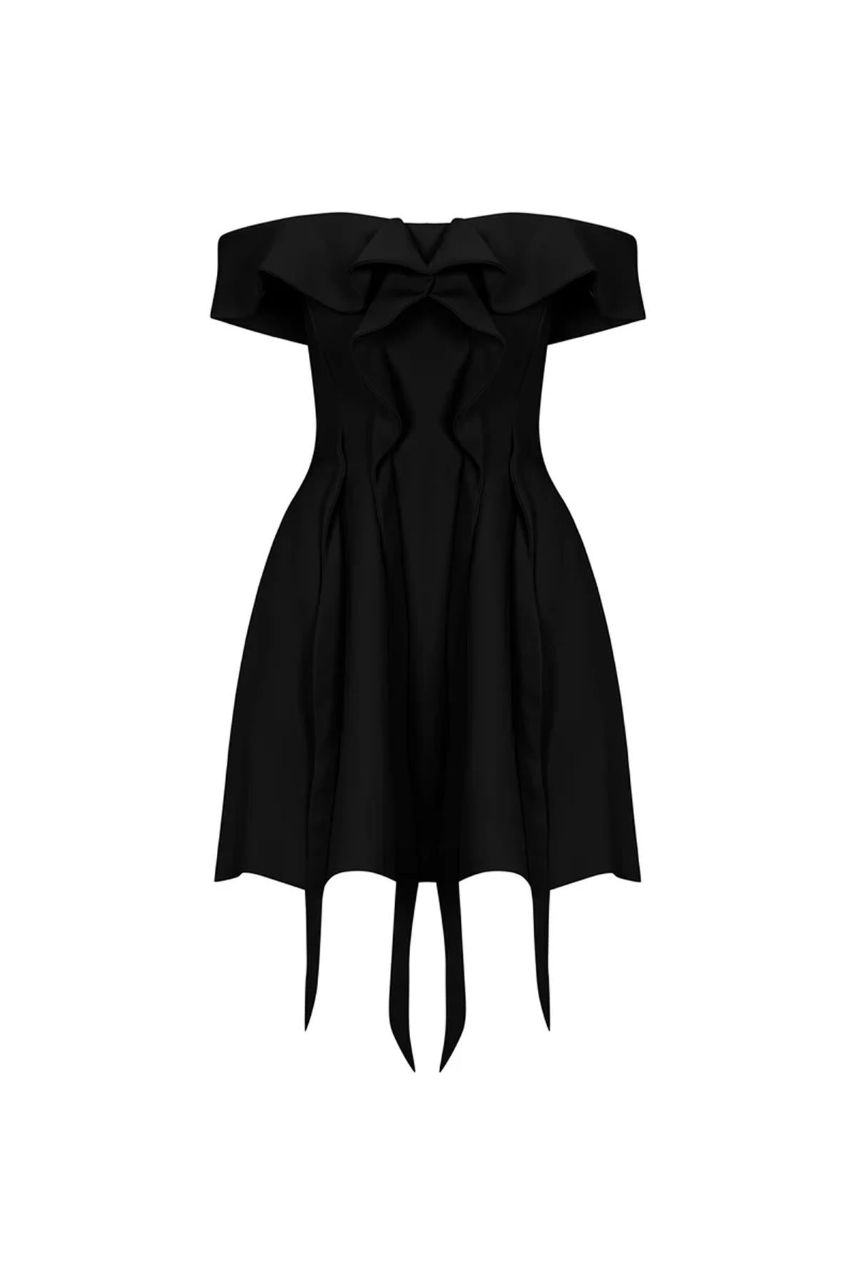 Düşük Omuz Volanlı Mini Abiye Elbise