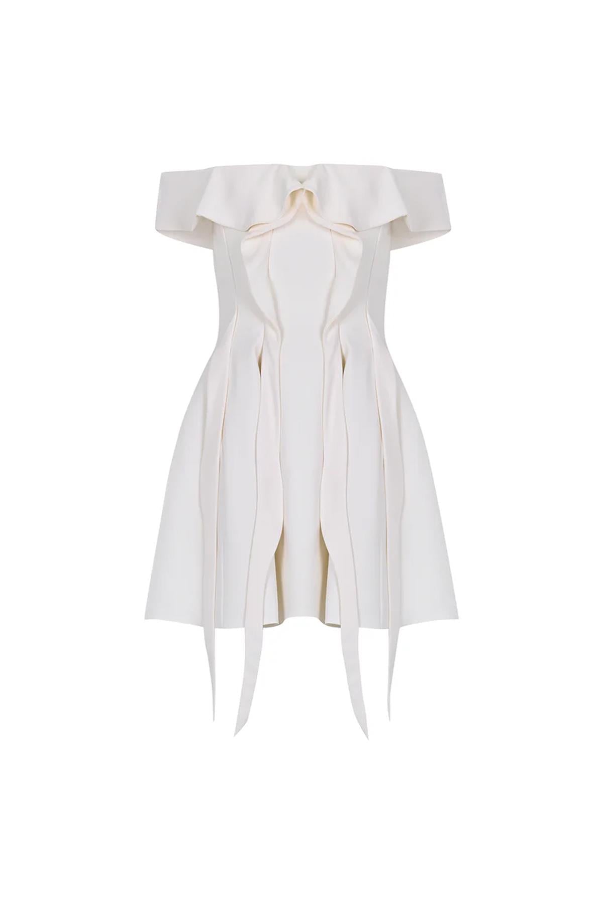 Düşük Omuz Volanlı Mini Abiye Elbise