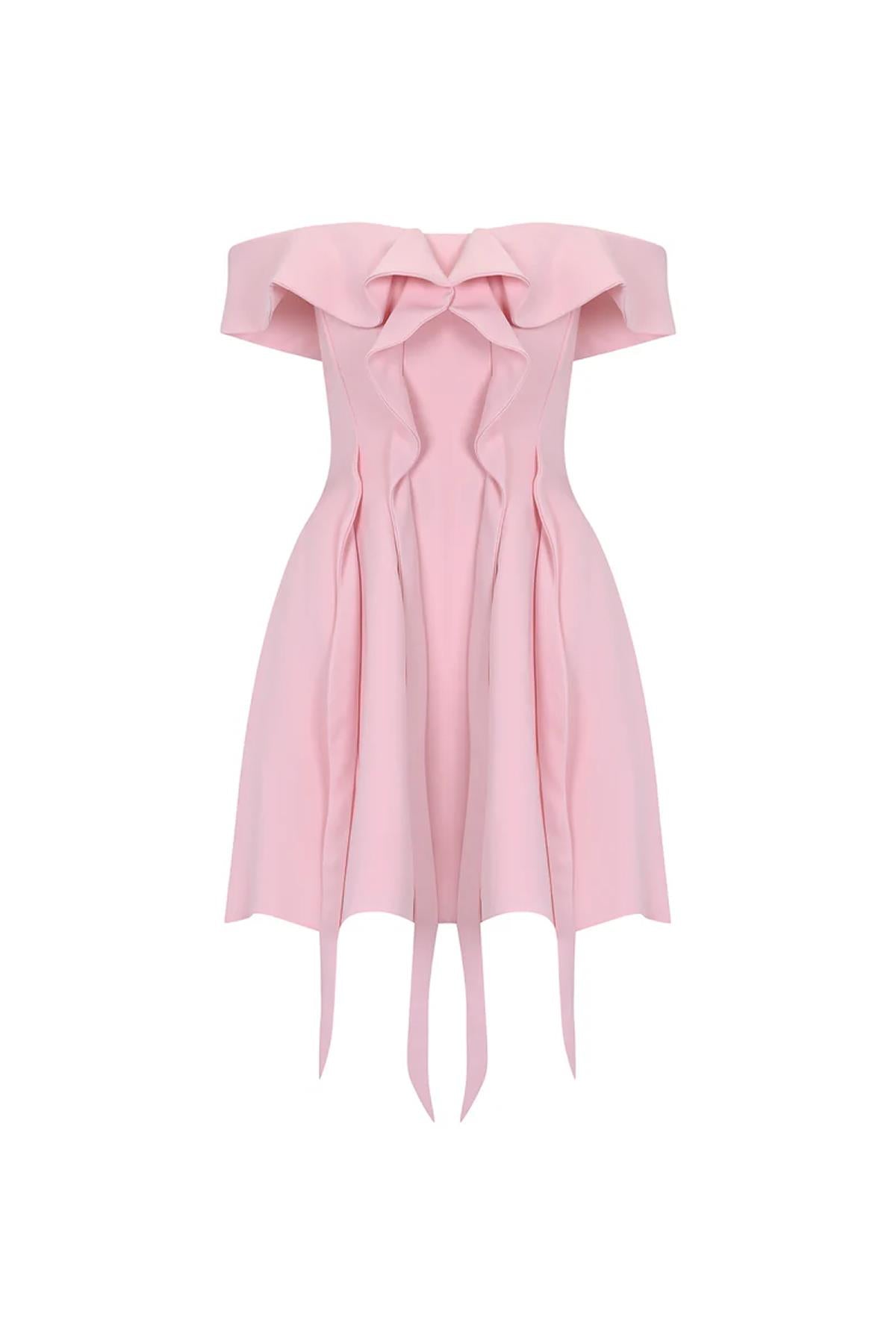 Düşük Omuz Volanlı Mini Abiye Elbise