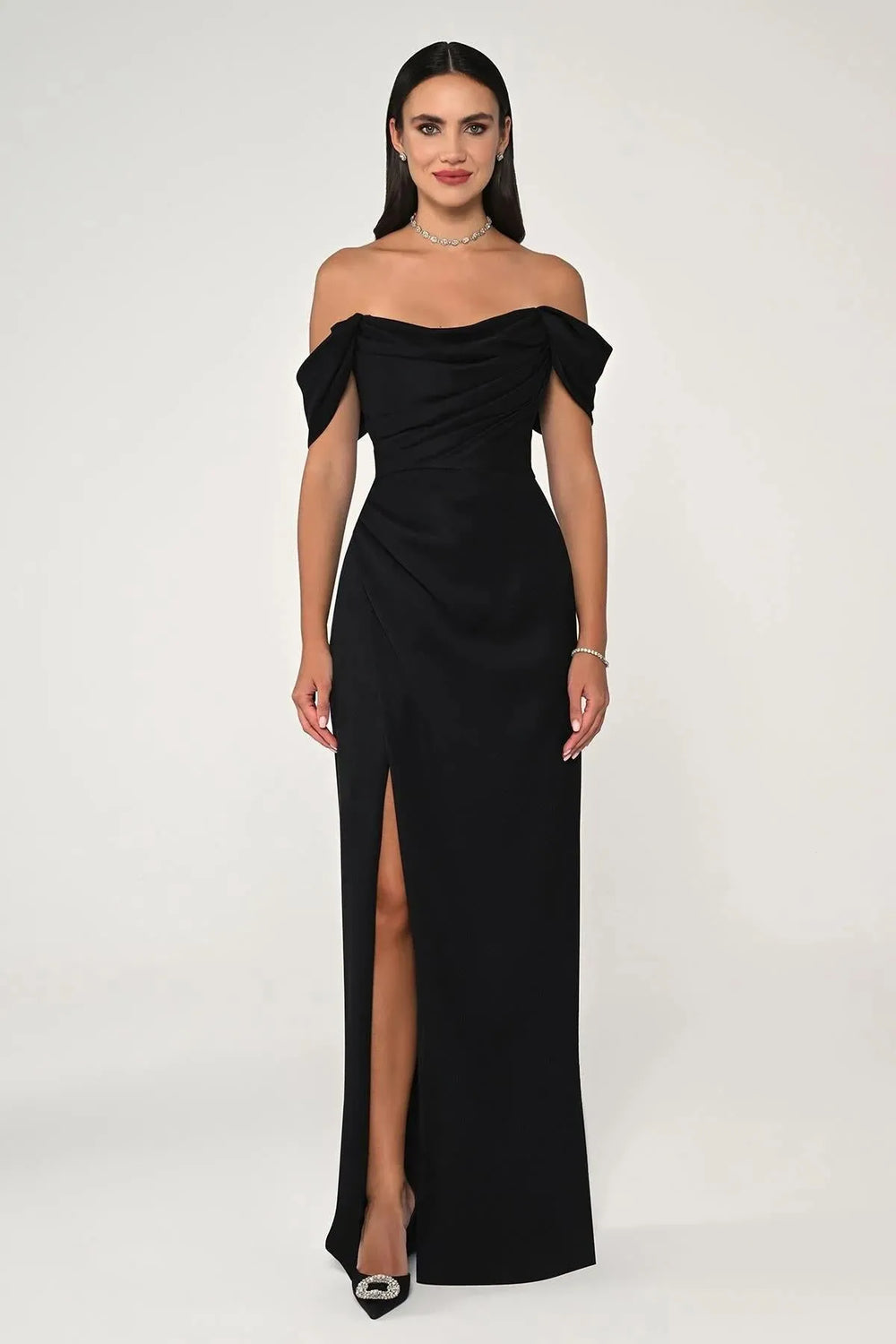 Alfabeta Off Shoulder Side Slit Crepe Long Evening Dress - Eser Giyim