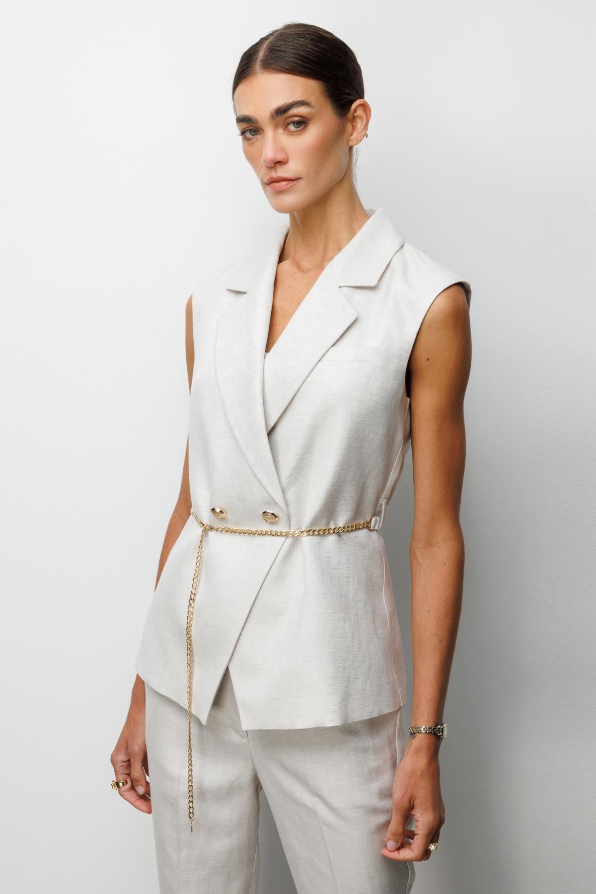 Double-breasted linen vest with chain belt