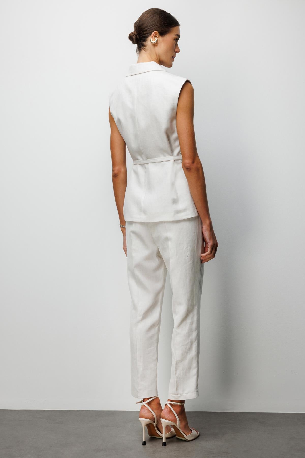 Double-breasted linen vest with chain belt