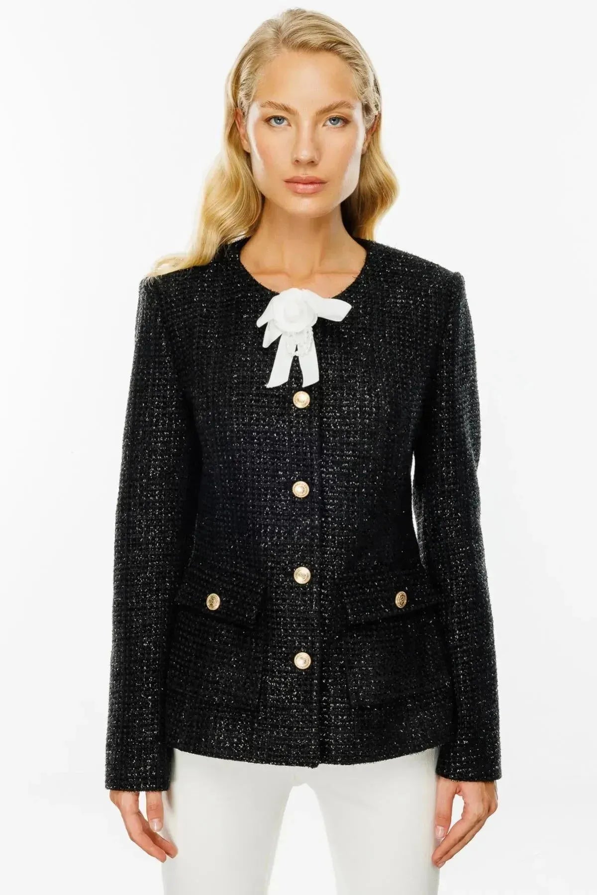 Rose Brooch Jacket with Metal Buttons