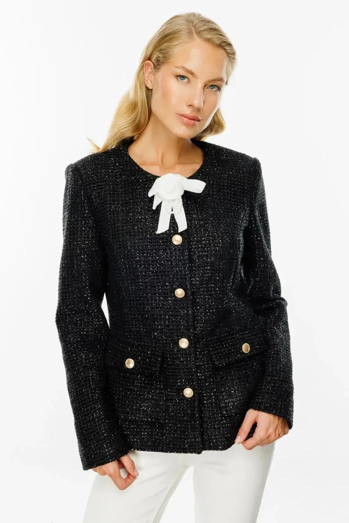 Rose Brooch Jacket with Metal Buttons