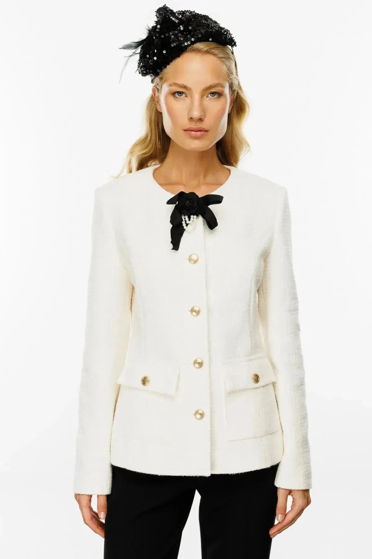 Rose Brooch Jacket with Metal Buttons