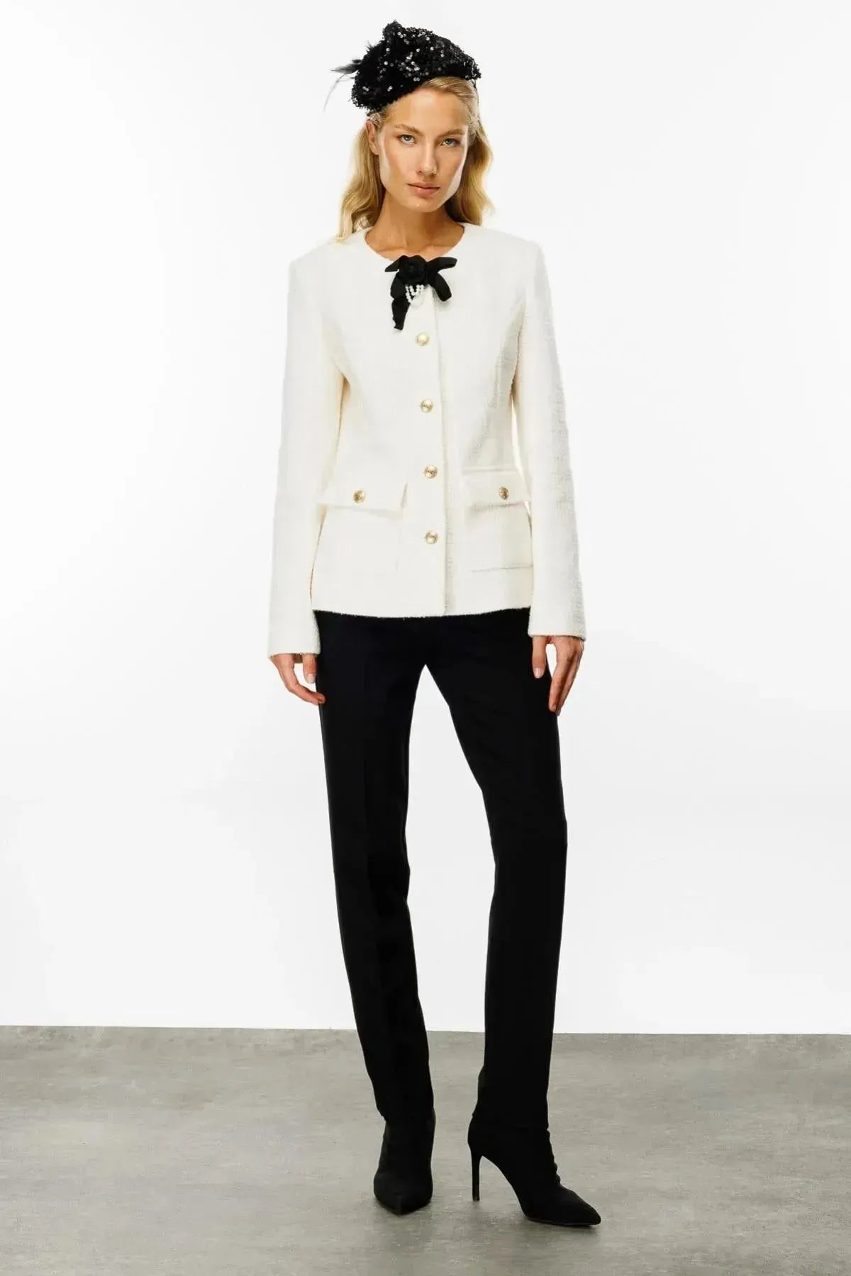Rose Brooch Jacket with Metal Buttons