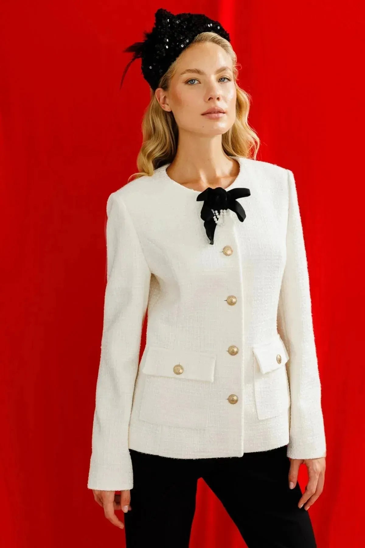 Rose Brooch Jacket with Metal Buttons