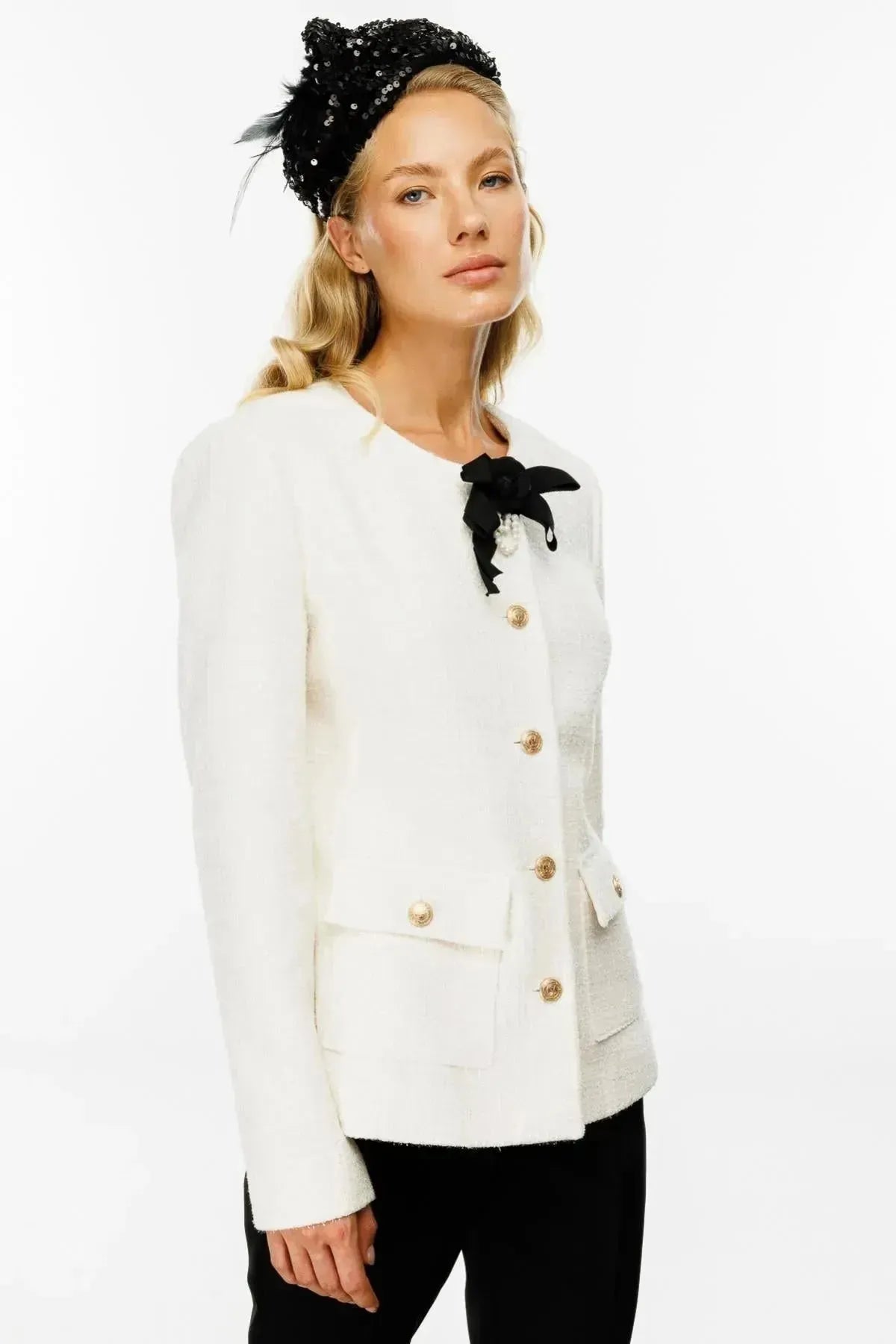 Rose Brooch Jacket with Metal Buttons