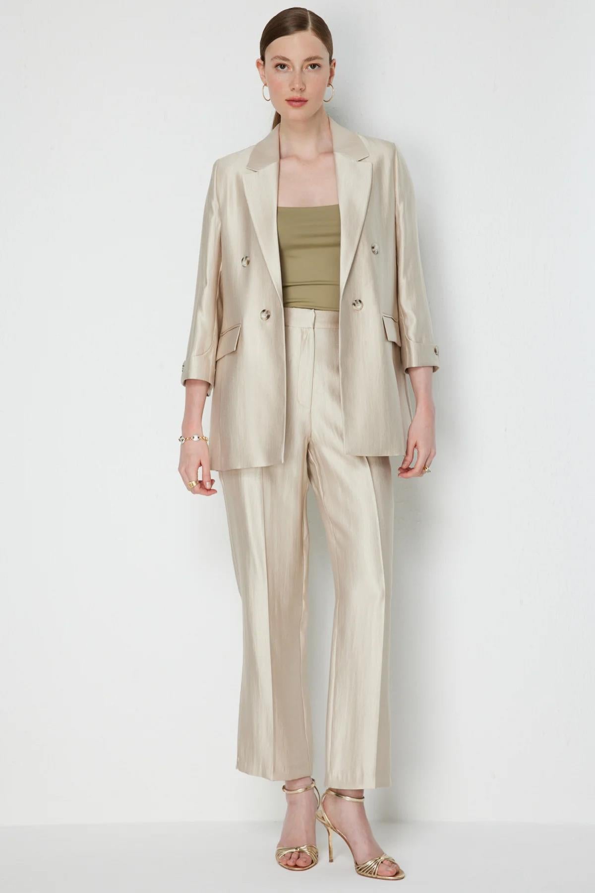 Beli Lastikli Bol Paça Parlak Pantolon